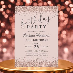 Moderne Rose Gold Glitzer Blush 90. Geburtstag Einladung