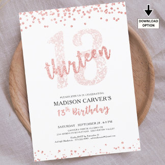 Moderne Rose Gold Glitzer Confetti 13. Geburtstag Einladung