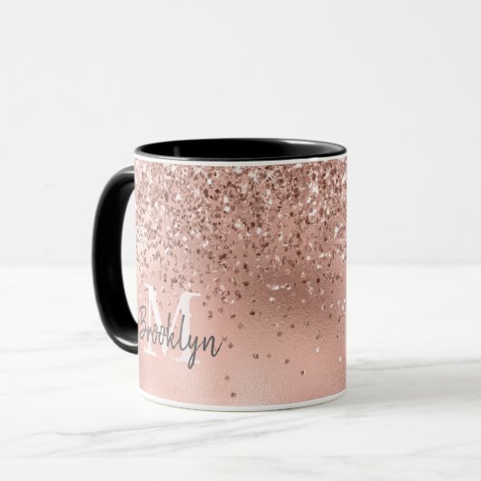 Moderne Rose Gold Glitzer Confetti Mit Monogramm Tasse (Vorderseite Links)