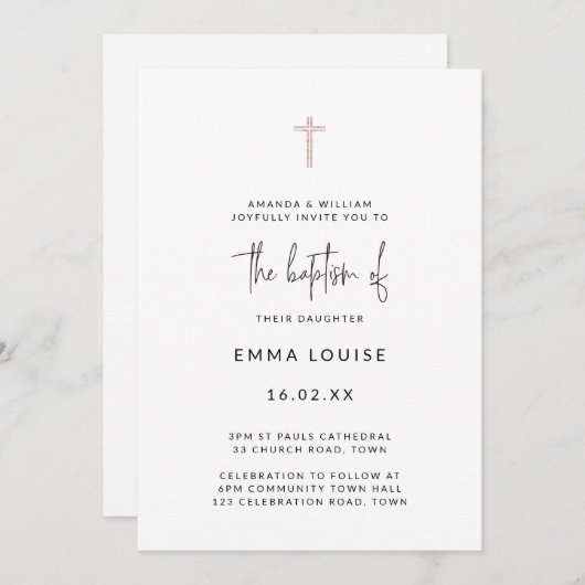 Moderne Rose Gold Glitzer Cross Handgeschriebene T Einladung (Vorne/Hinten)