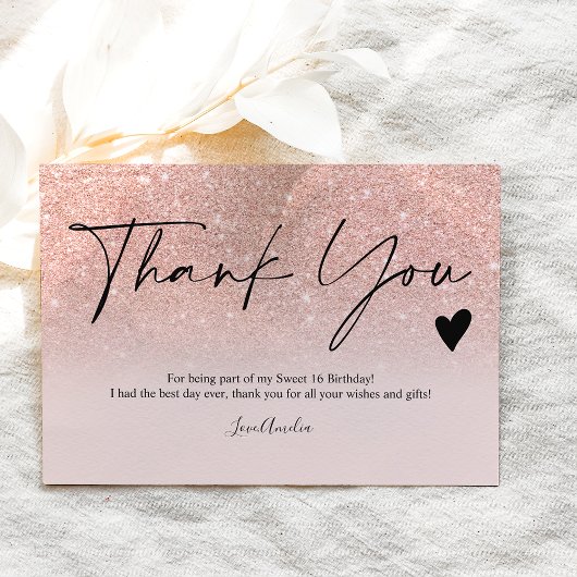 Moderne Rose Gold Glitzer Drehbuch danke Sweet 16 Postkarte