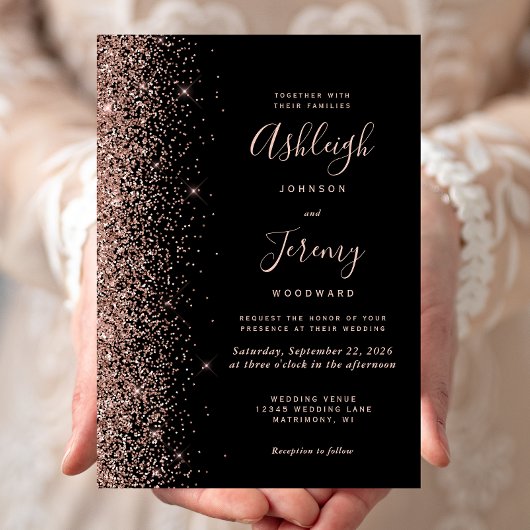 Moderne Rose Gold Glitzer Edge Black Wedding Einladung