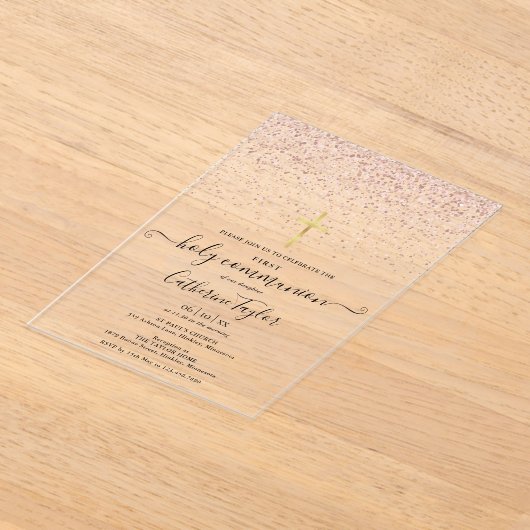 Moderne Rose Gold Glitzer Erste Heilige Kommune Acryleinladungen (Ablage )