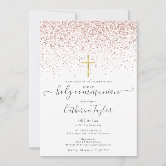 Moderne Rose Gold Glitzer Erste Heilige Kommune Einladung (Vorderseite)