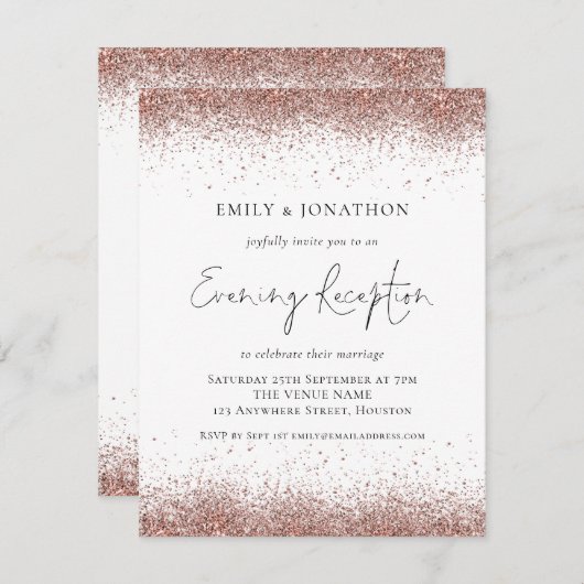 Moderne Rose Gold Glitzer Hochzeitsempfang Einladung (Vorne/Hinten)