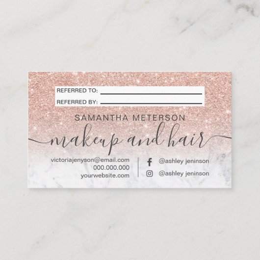 Moderne Rose Gold Glitzer Marmor ombre beruflich Empfehlungskarte (Rückseite)