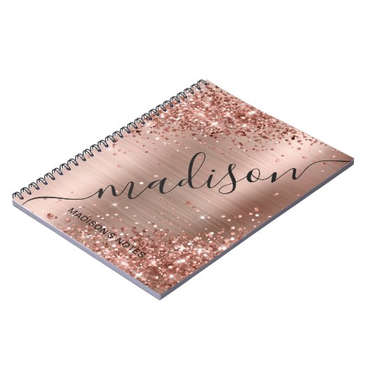 Moderne Rose Gold Glitzer Metallic Monogram Script Notizblock (Linke Seite)