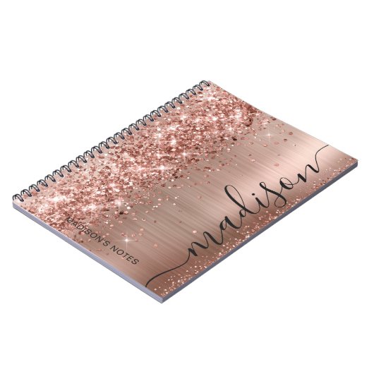 Moderne Rose Gold Glitzer Metallic Monogram Script Notizblock (Linke Seite)