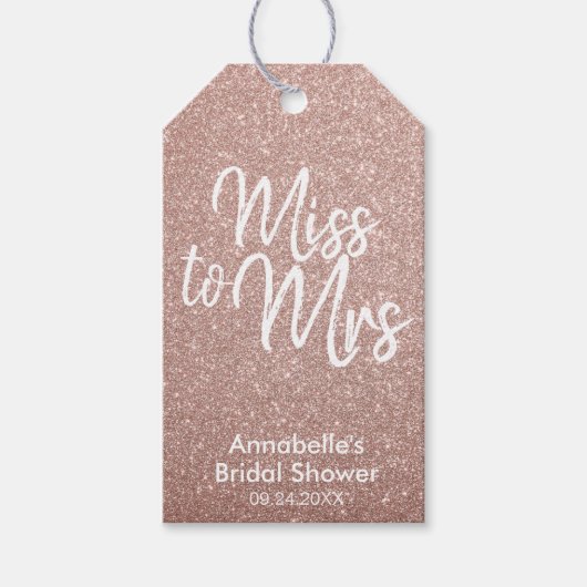 Moderne Rose Gold Glitzer Miss an Mrs. Brautparty Geschenkanhänger (Vorderseite)