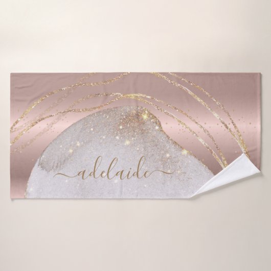 Moderne Rose Gold Glitzer Monogram Chic Script Nam Badehandtuch (Badehandtuch)