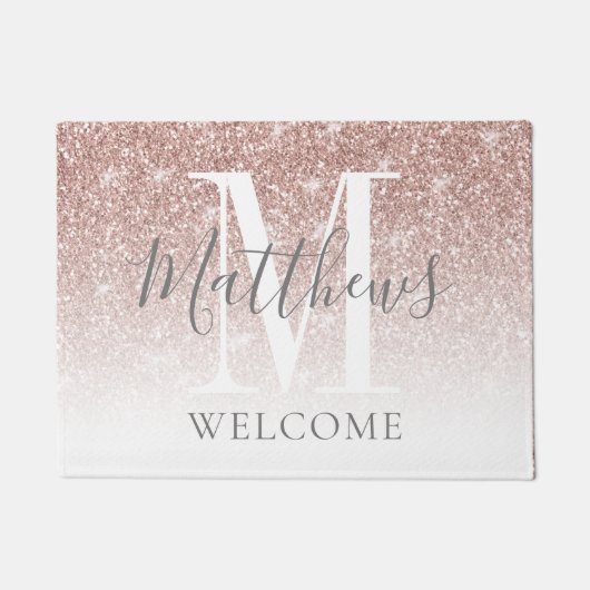 Moderne Rose Gold Glitzer Monogram Hochzeit Fußmatte (Vorderseite)