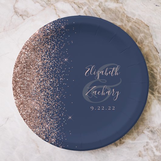Moderne Rose Gold Glitzer Navy Blue Wedding Pappteller