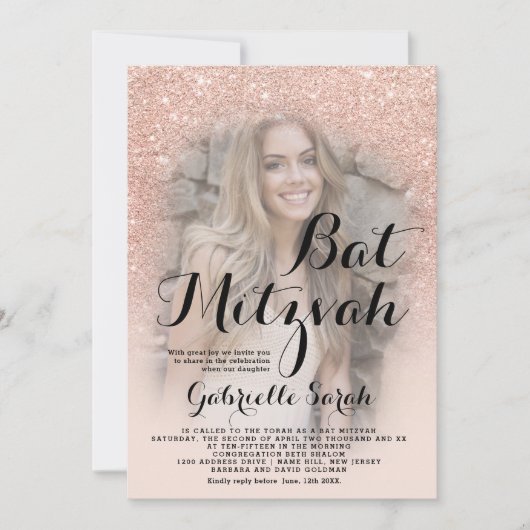 Moderne Rose Gold Glitzer ombre Foto Bat Mitzvah Einladung (Vorderseite)
