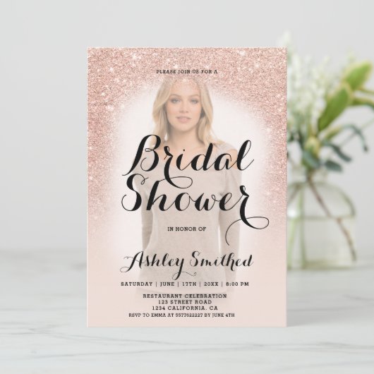 Moderne Rose Gold Glitzer ombre Foto Brautparty Einladung (Stehend Vorderseite)