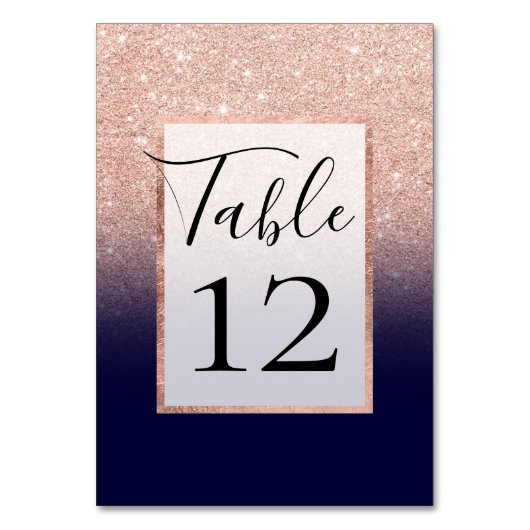 Moderne Rose Gold Glitzer ombre Gradientenblau Tischnummer (Vorderseite)