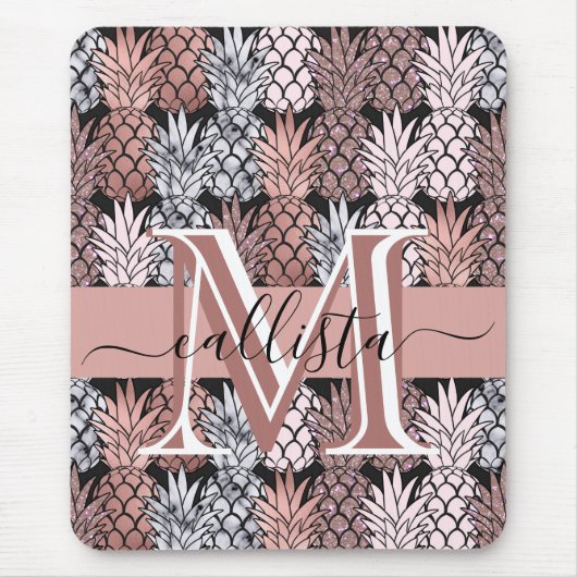 Moderne Rose Gold Glitzer Pink Ananas Monogramm Mousepad (Vorne)