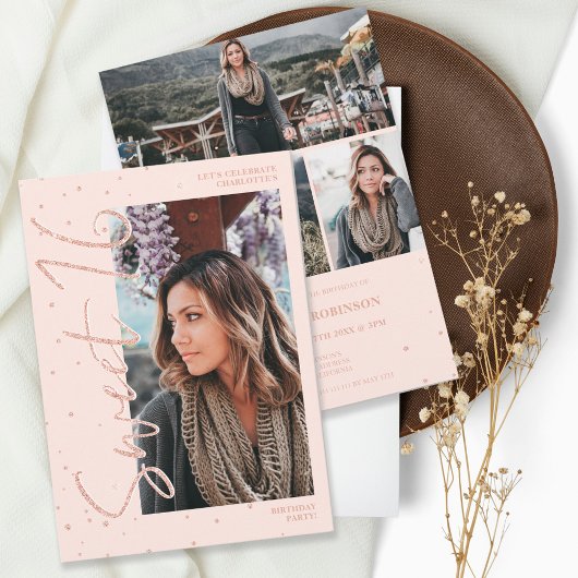 Moderne Rose Gold Glitzer Skript 4 Fotos Sweet 16 Einladung
