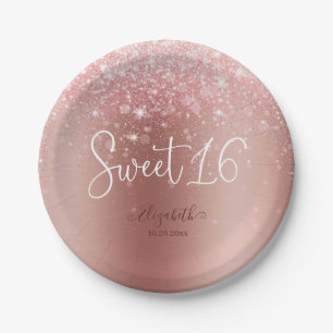 Moderne Rose Gold Glitzer Sweet 16 Pappteller