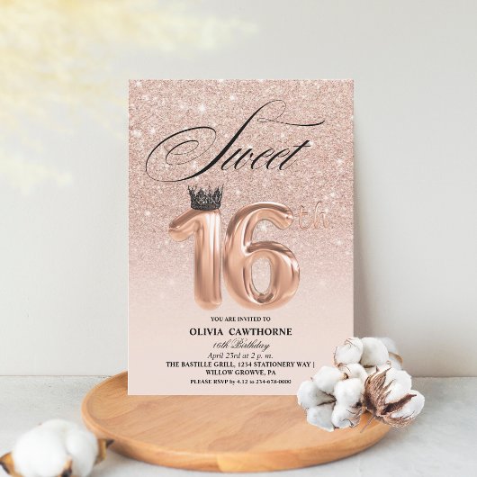 Moderne Rose Gold Glitzer Tropfen Crown Sweet 16 Einladung