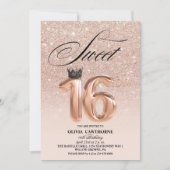 Moderne Rose Gold Glitzer Tropfen Crown Sweet 16 Einladung (Vorderseite)