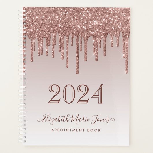 Moderne Rose Gold Glitzer Tropfen Elegantes Script Planer (Vorderseite)