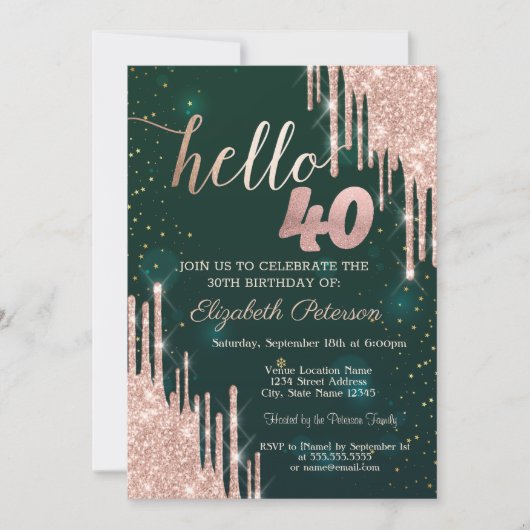 Moderne Rose Gold Glitzer Tropfen Grün 40. Geburts Einladung (Vorderseite)