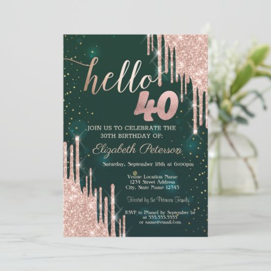Moderne Rose Gold Glitzer Tropfen Grün 40. Geburts Einladung (Stehend Vorderseite)