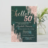 Moderne Rose Gold Glitzer Tropfen Grün 50. Geburts Einladung (Stehend Vorderseite)