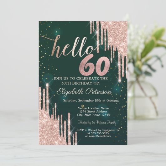 Moderne Rose Gold Glitzer Tropfen Grün 60. Geburts Einladung (Stehend Vorderseite)