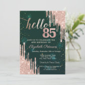 Moderne Rose Gold Glitzer Tropfen Grün 85. Geburts Einladung (Stehend Vorderseite)