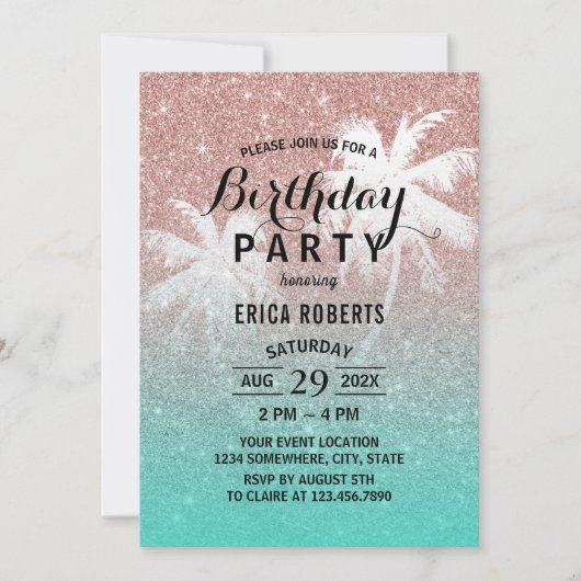 Moderne Rose Gold Glitzer Tropical Birthday Party Einladung (Vorderseite)