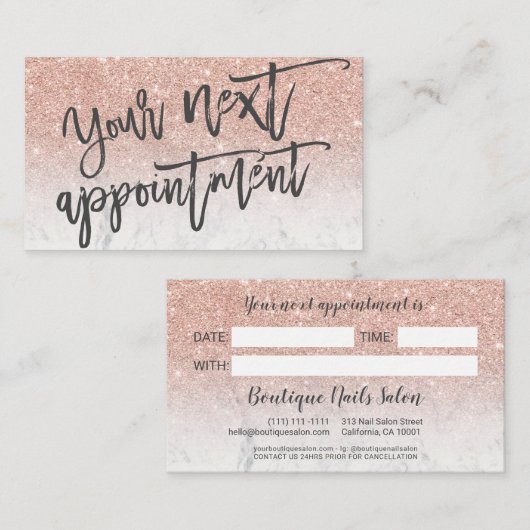 Moderne Rose Gold Glitzer White Script Typografie Terminkarte (Vorne/Hinten)