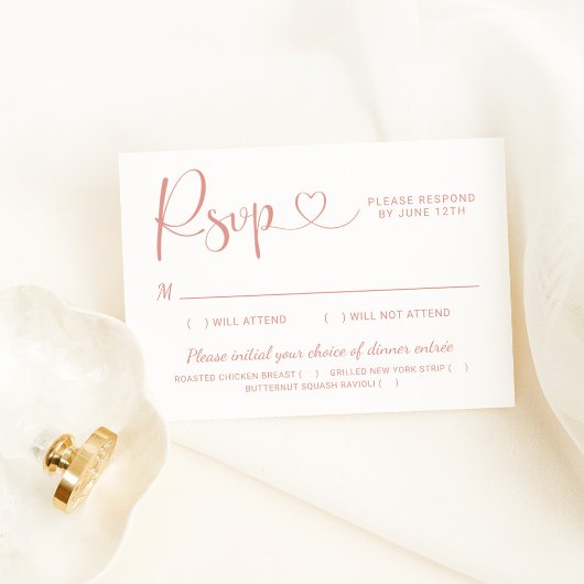 Moderne Rose Gold Herzkalligrafie Script Wedding RSVP Karte