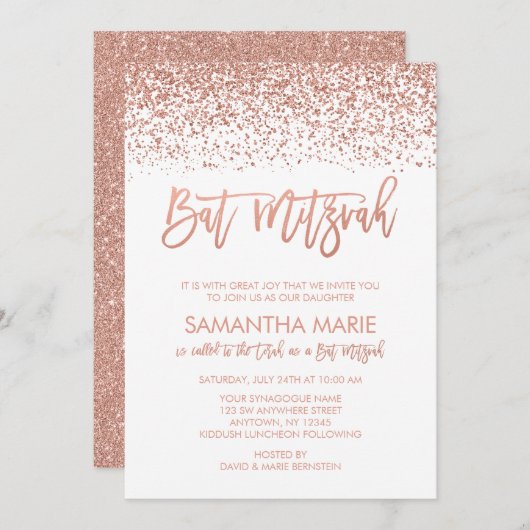 Moderne Rose Gold Imitate Glitzer Bat Mitzvah Einladung (Vorne/Hinten)