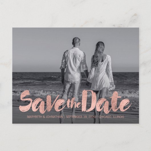 Moderne Rose Gold Liebe Save the Date Foto Postkar Ankündigungspostkarte (Vorderseite)