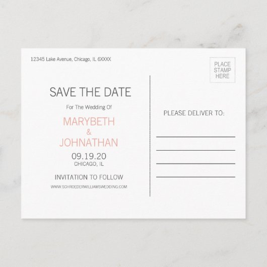 Moderne Rose Gold Liebe Save the Date Postkarte (Rückseite)
