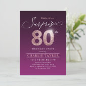 Moderne Rose Gold lila Überraschung 80. Geburtstag Einladung (Stehend Vorderseite)