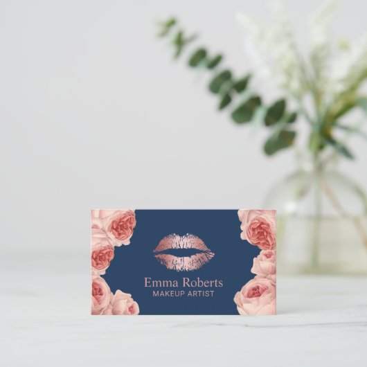 Moderne Rose Gold Lippen Blumen Makeup Marine Visitenkarte (Stehend Vorderseite)