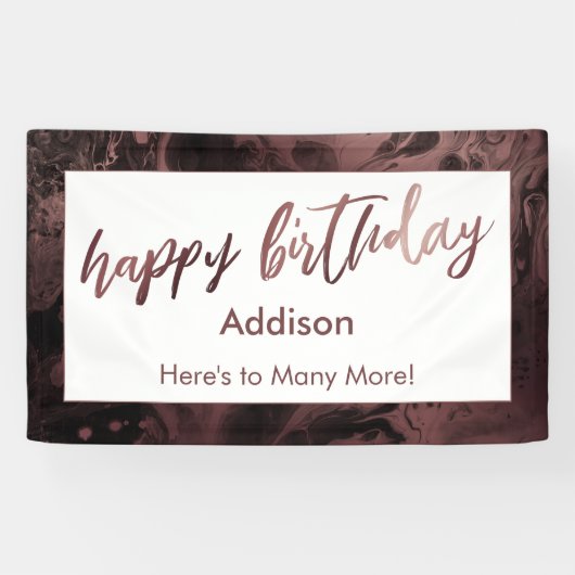Moderne Rose Gold Marmorschwarz Happy Birthday Banner (Horizontal)