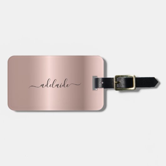 Moderne Rose Gold Monogram Chic Girl Script Name Gepäckanhänger (Vorderseite horizontal)