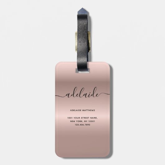 Moderne Rose Gold Monogram Chic Girl Script Name Gepäckanhänger (Rückseite vertikal)