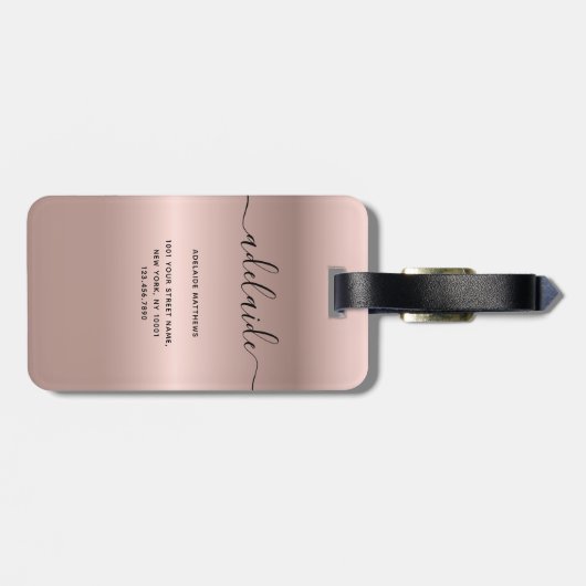 Moderne Rose Gold Monogram Chic Girl Script Name Gepäckanhänger (Rückseite horizontal)