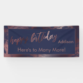 Moderne Rose Gold Navy Blue Marble Happy Birthday Banner