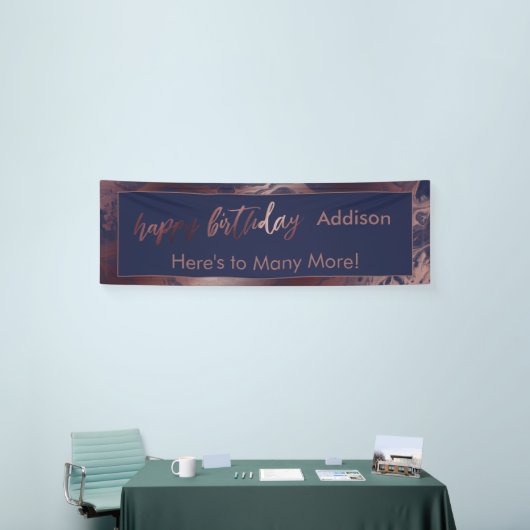 Moderne Rose Gold & Navy Marbled Happy Birthday Banner (Messeveranstaltung)