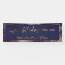 Moderne Rose Gold & Navy Marbled Happy Birthday Banner