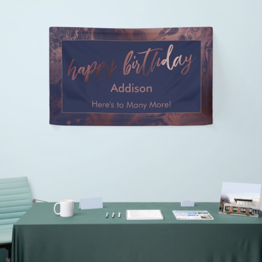 Moderne Rose Gold & Navy Marbled Happy Birthday Banner (Messeveranstaltung)
