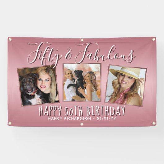 Moderne Rose Gold Pink FotoCollage 50. Geburtstag Banner (Horizontal)