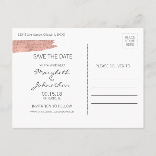Moderne Rose Gold Pinsel Save the Date Postkarte (Rückseite)