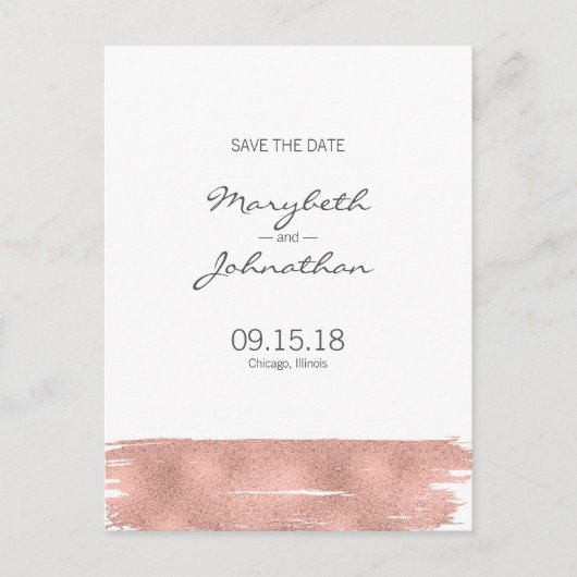 Moderne Rose Gold Pinsel Save the Date Postkarte (Vorderseite)