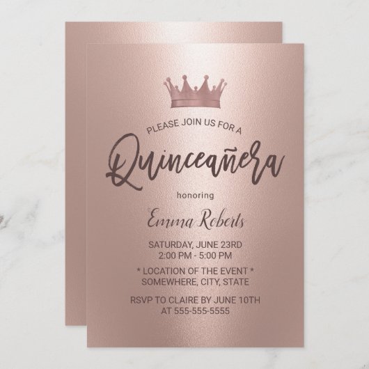 Moderne Rose Gold Prinzessin Quinceanera 15 Geburt Einladung (Vorne/Hinten)